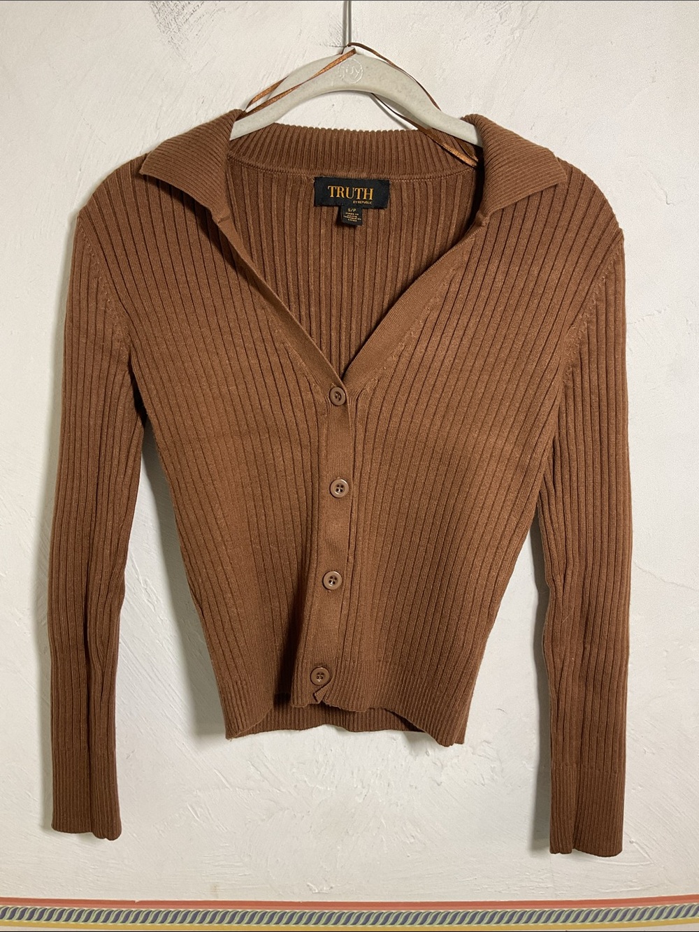 Truth by Republic Brown Ribbed Knit Collared Button Cardigan Top Size S